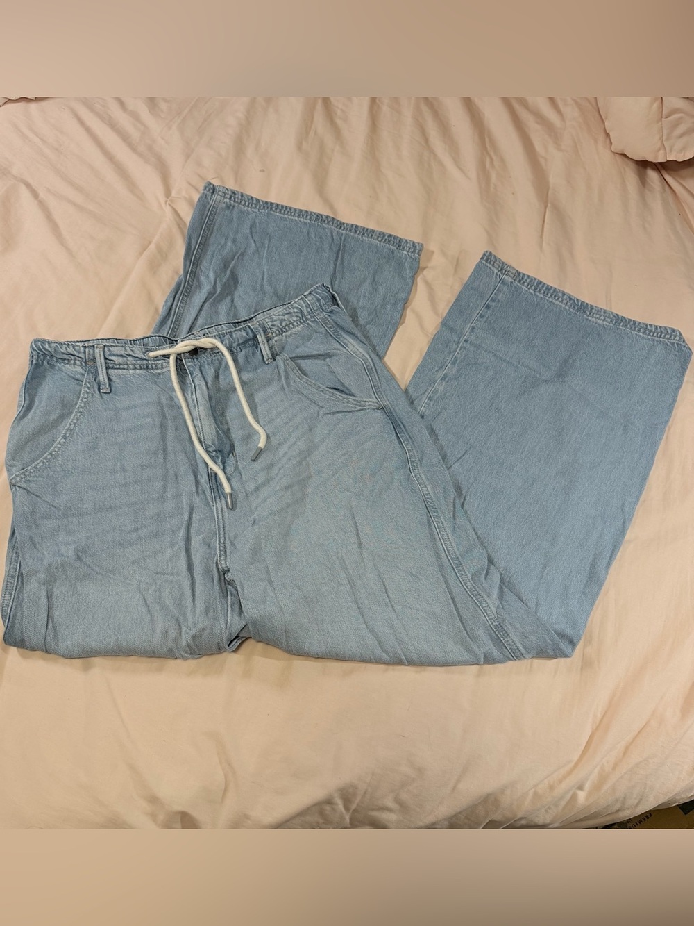 Light Blue Denim Drawstring Wide Leg Elastic Waist Pants 10
